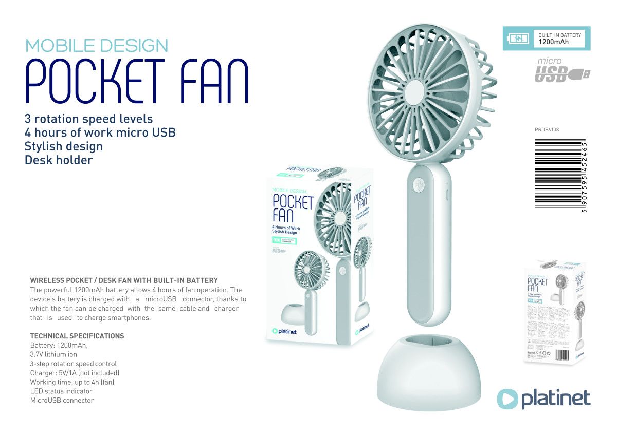 Platinet 2in1 Rechargeable Desk Fan with PowerBank 1200mAh White/Grey