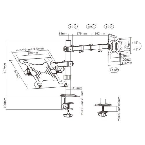 Gembird MA-DA-03 Adjustable Desk Mount With Monitor Arm And Notebook Tray Black