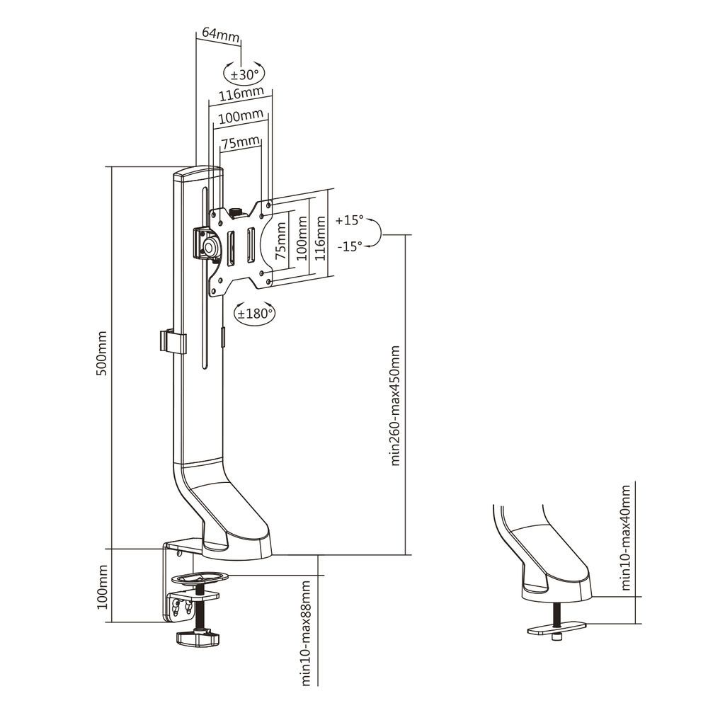 ACT AC8321 Single Monitor Arm Office Quick Height Adjustment 10"-32" Black