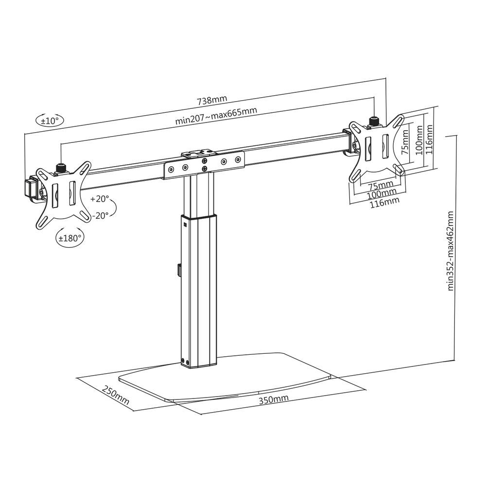 ACT AC8332 Free Standing Gas Spring Dual Monitor Arm Office Crossbar 10"-27" Black