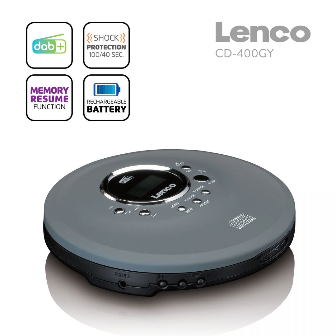 Lenco CD-400GY Portable CD/ MP3 Player for CD, CD-R, CD-RW Grey