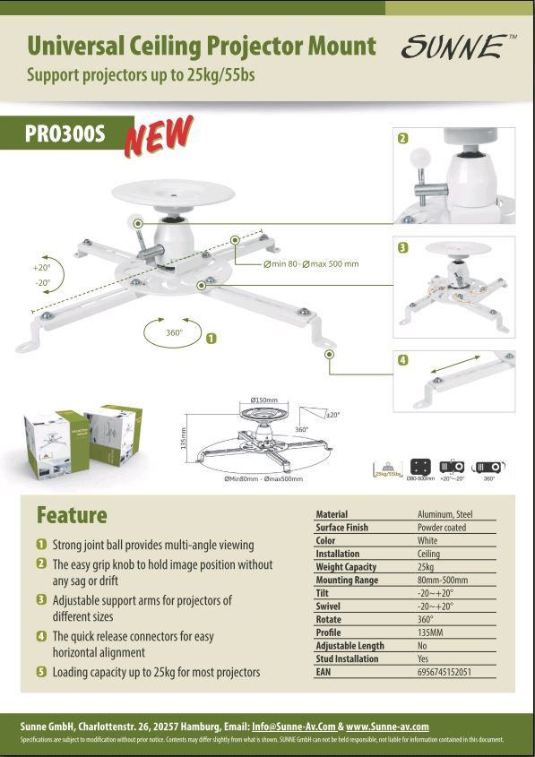 Sunne PRO300S Projector Mounts White