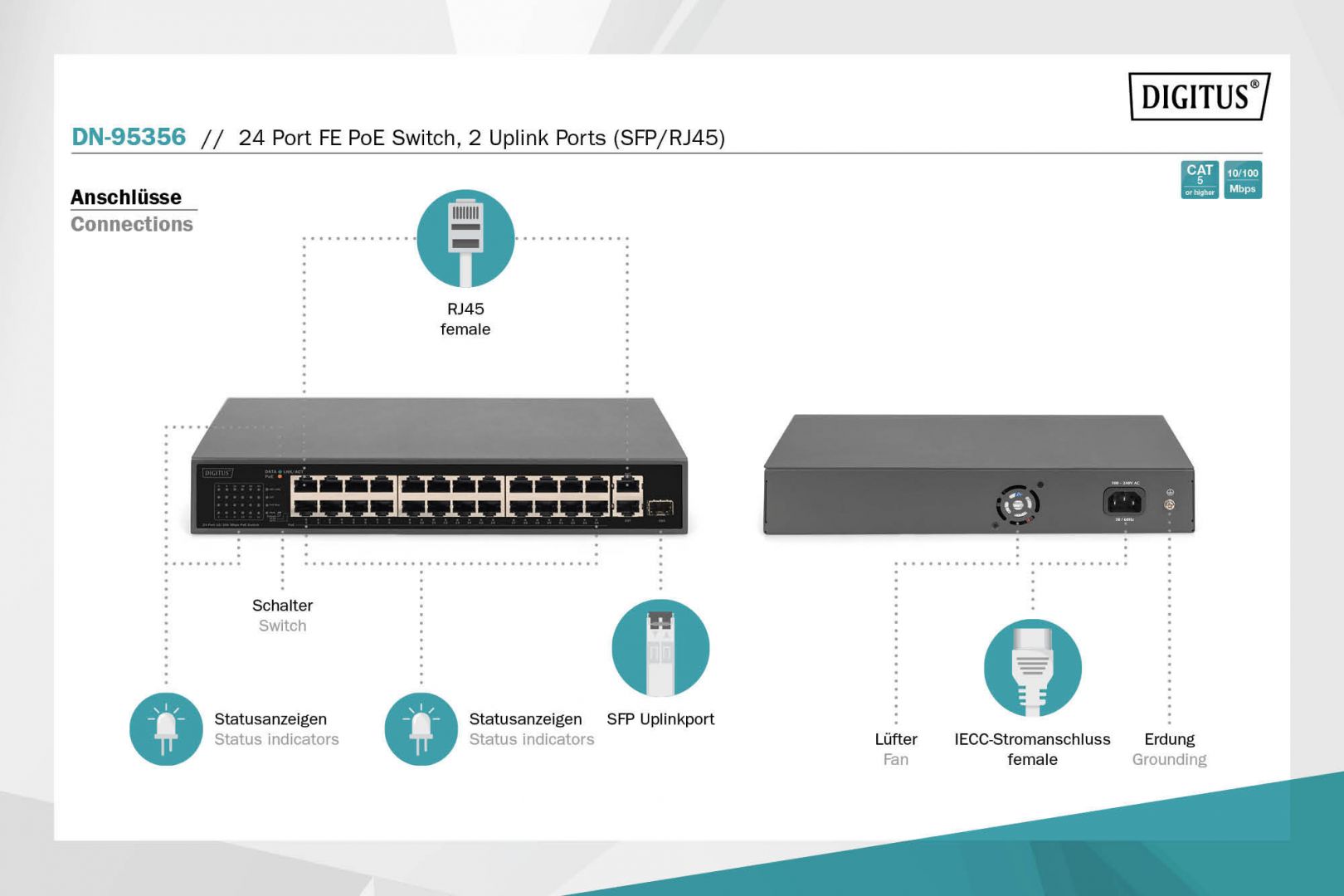 Digitus DN-95356 24 Port FE PoE Switch Black