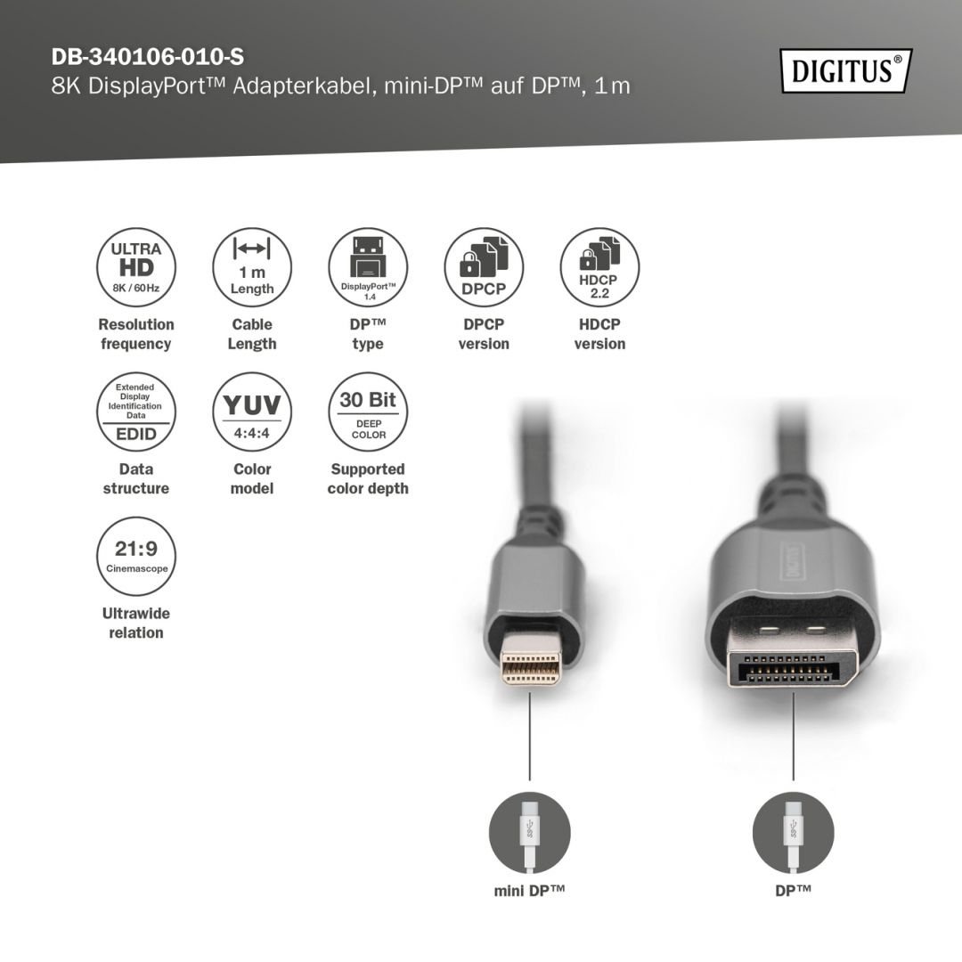 Digitus 8K DisplayPort Adapter Cable, Mini DP to DP 1m Black