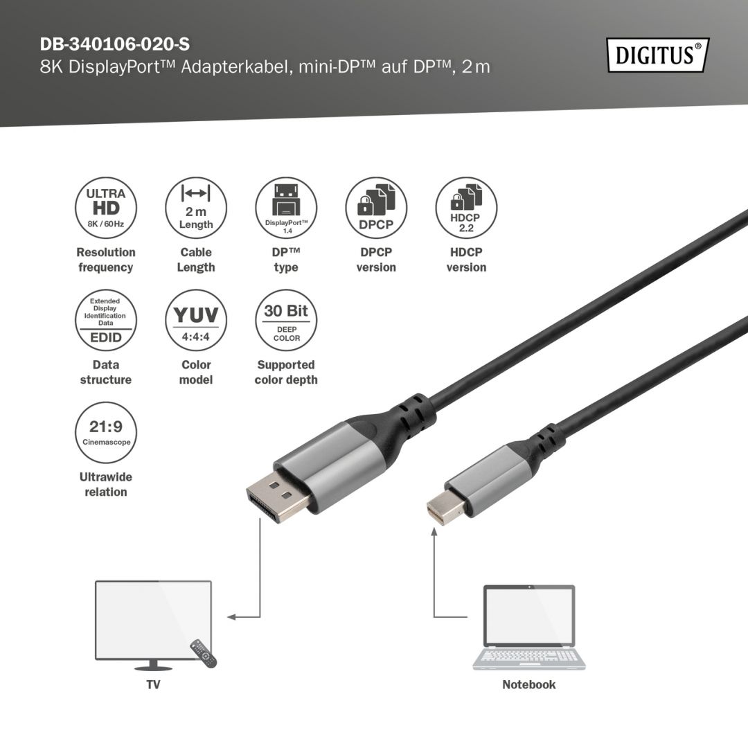 Digitus 8K DisplayPort Adapter Cable, Mini DP to DP 2m Black