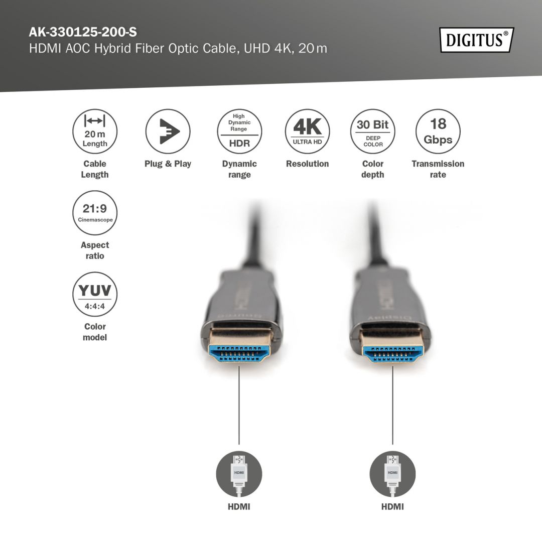 Digitus HDMI AOC Hybrid Fiber Optic Cable UHD 4K 20 m Black