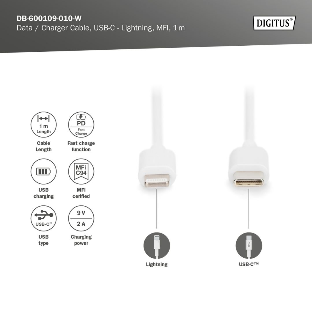 Digitus Data / Charger Cable, USB-C - Lightning, MFI 1m White