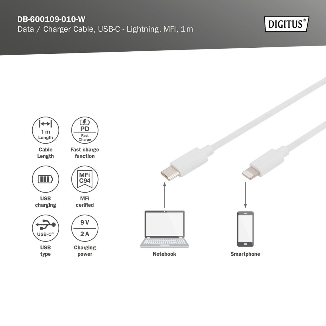 Digitus Data / Charger Cable, USB-C - Lightning, MFI 1m White