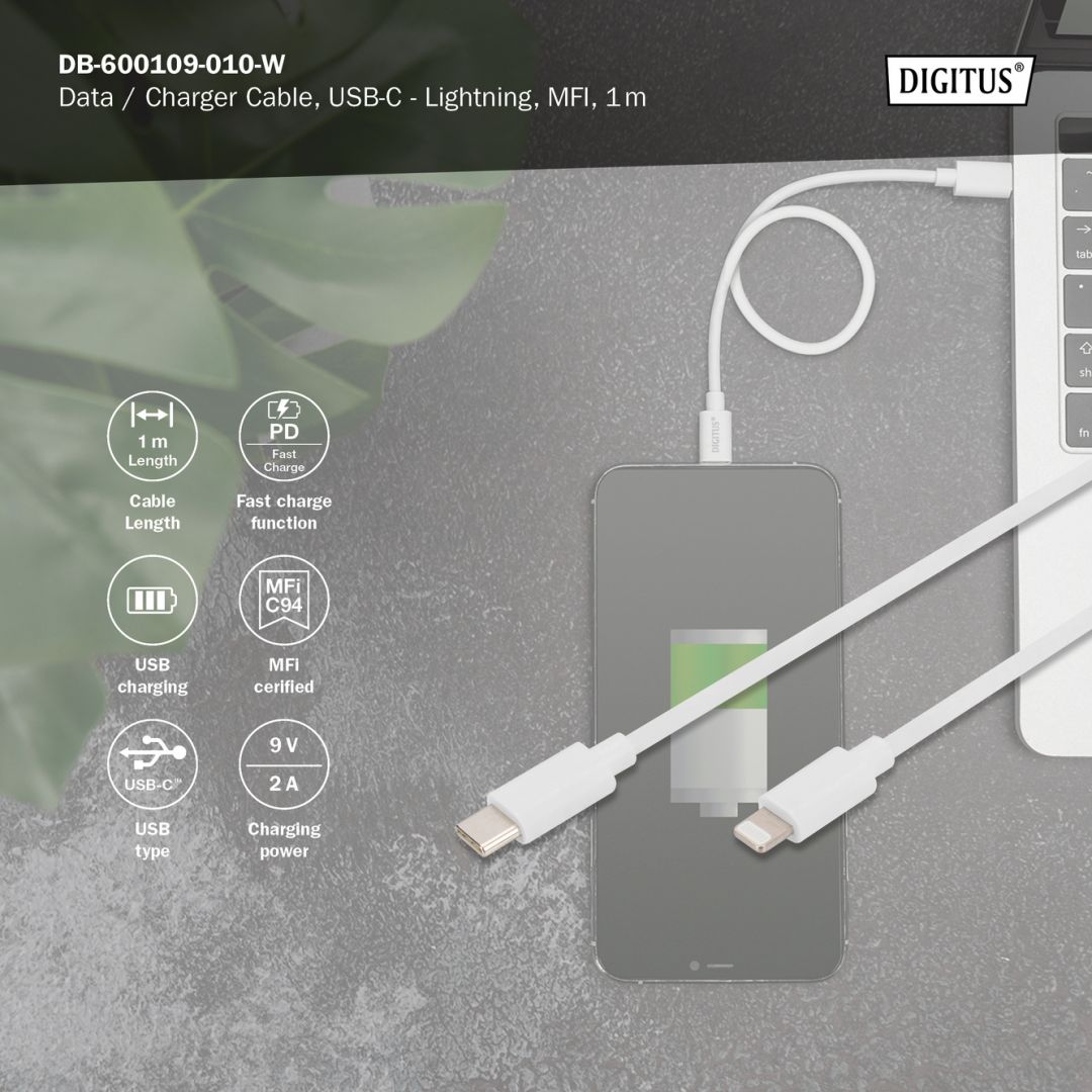 Digitus Data / Charger Cable, USB-C - Lightning, MFI 1m White