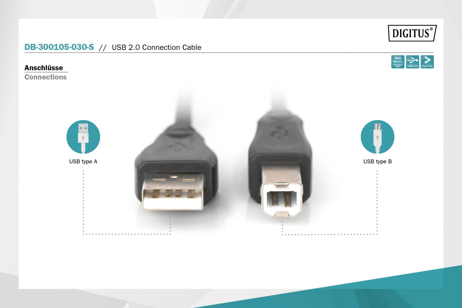 Digitus USB 2.0 connection cable, USB A to USB B 3m Black