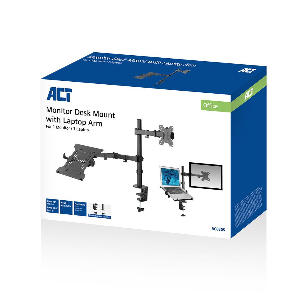 ACT AC8305 Single Monitor Arm with Laptop Arm 10"-32" Black