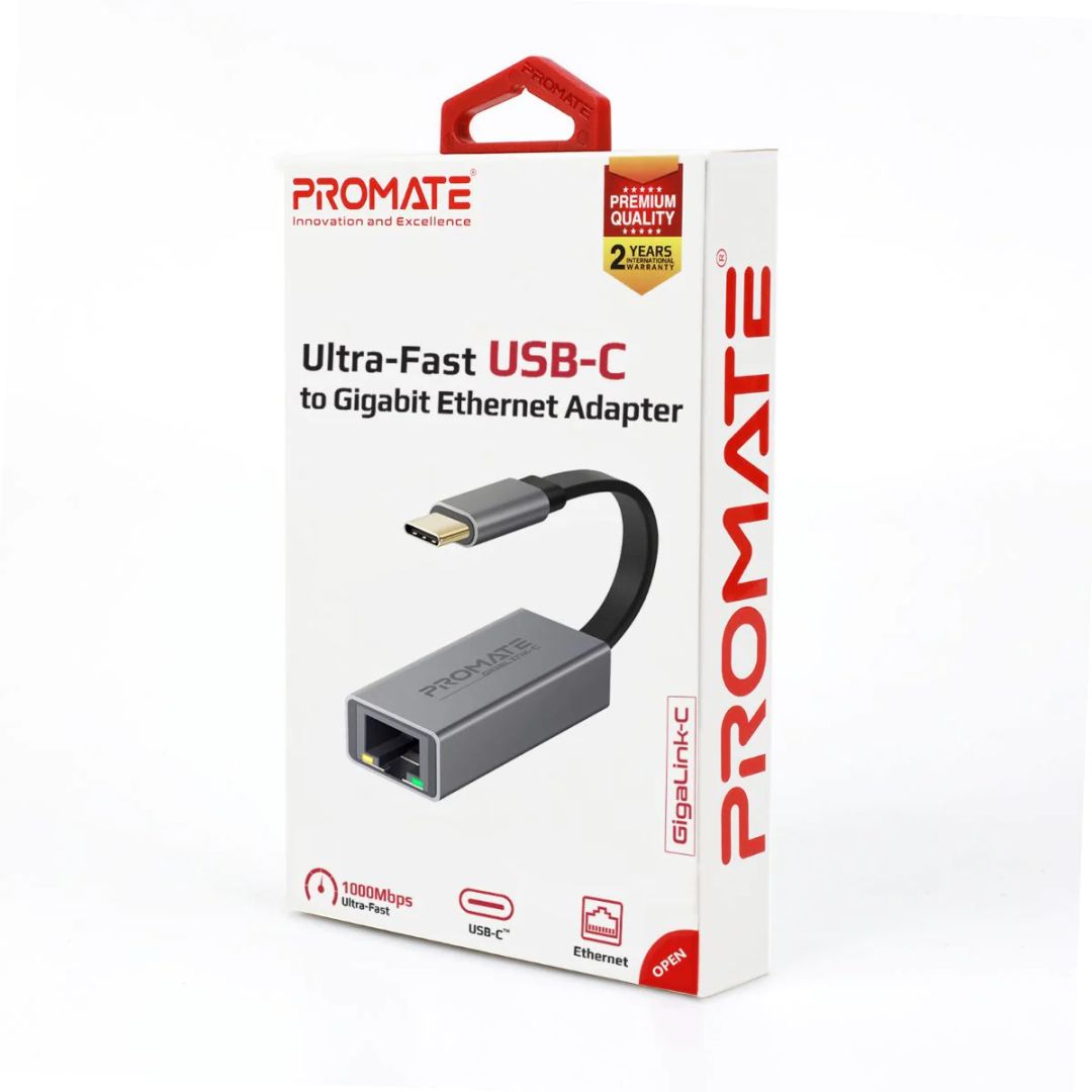 Promate  GigaLink-C High Speed USB-C to Gigabit Ethernet Adapter Grey