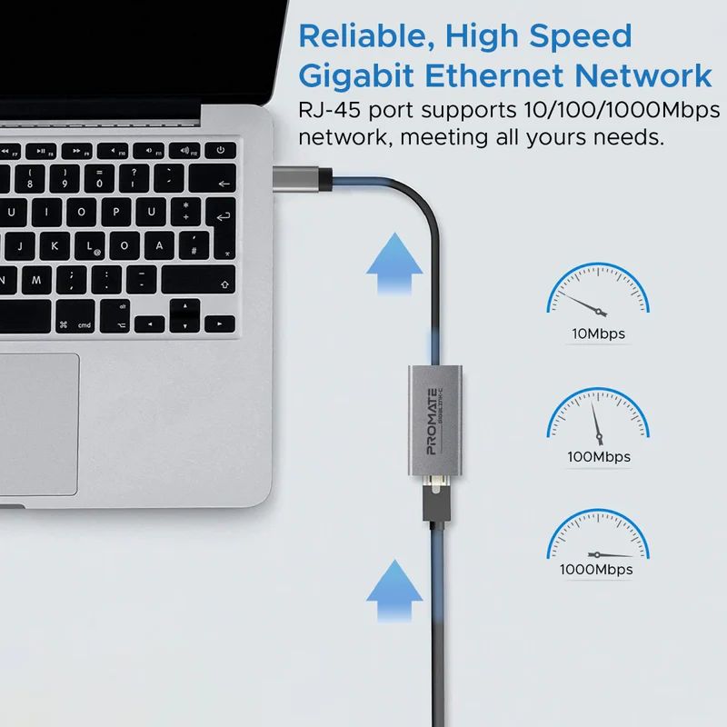 Promate  GigaLink-C High Speed USB-C to Gigabit Ethernet Adapter Grey