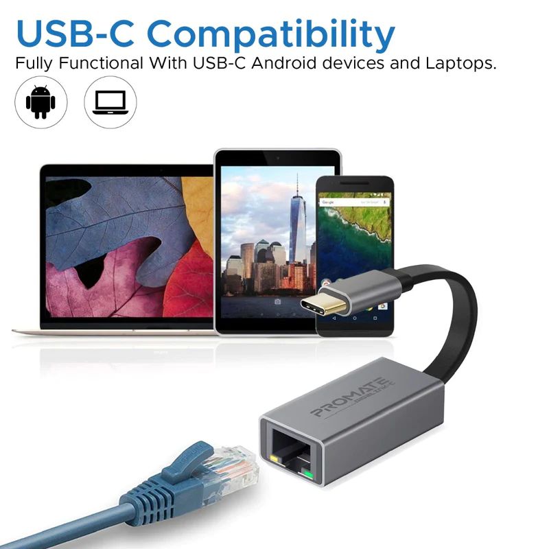 Promate  GigaLink-C High Speed USB-C to Gigabit Ethernet Adapter Grey