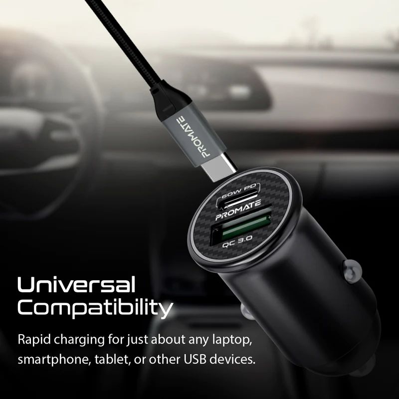 Promate  Bullet-PD40 RapidCharge Mini Car Charger with 60W Power Delivery & Quick Charge 3.0 Black