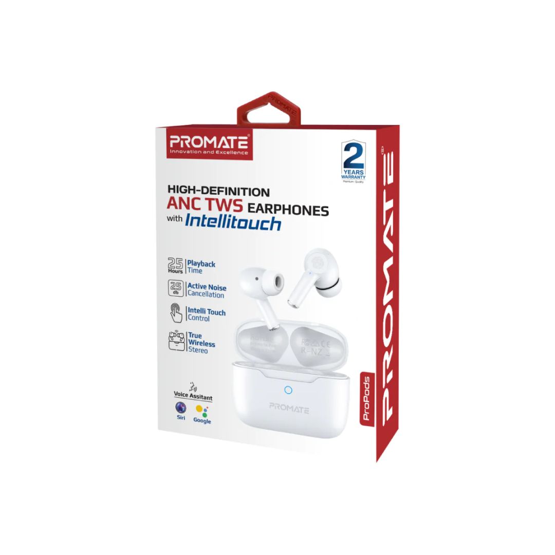 Promate  ProPods High-Definition ANC TWS Earphones with intellitouch Headset White