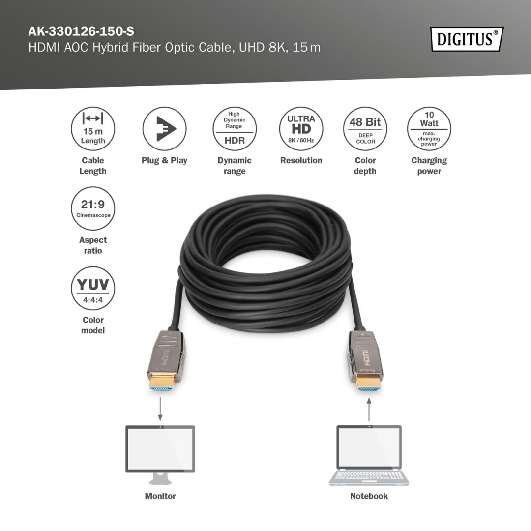 Digitus HDMI AOC Hybrid Fiber Optic Cable UHD 8K 15m Black