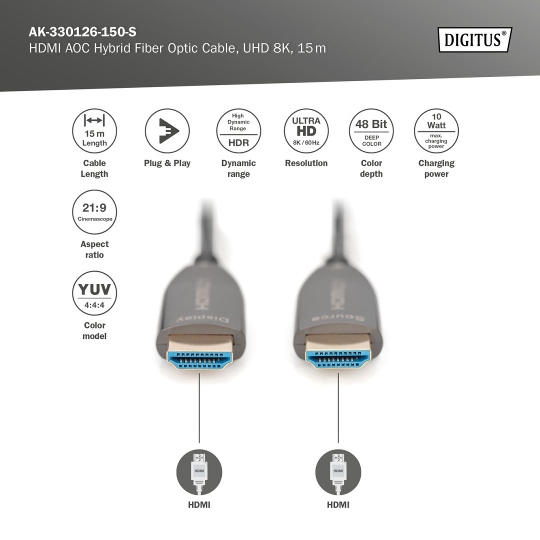 Digitus HDMI AOC Hybrid Fiber Optic Cable UHD 8K 15m Black