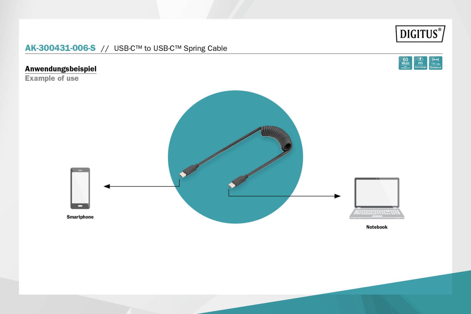 Digitus USB 2.0 - USB C to USB C Spiral Cable 1m Black