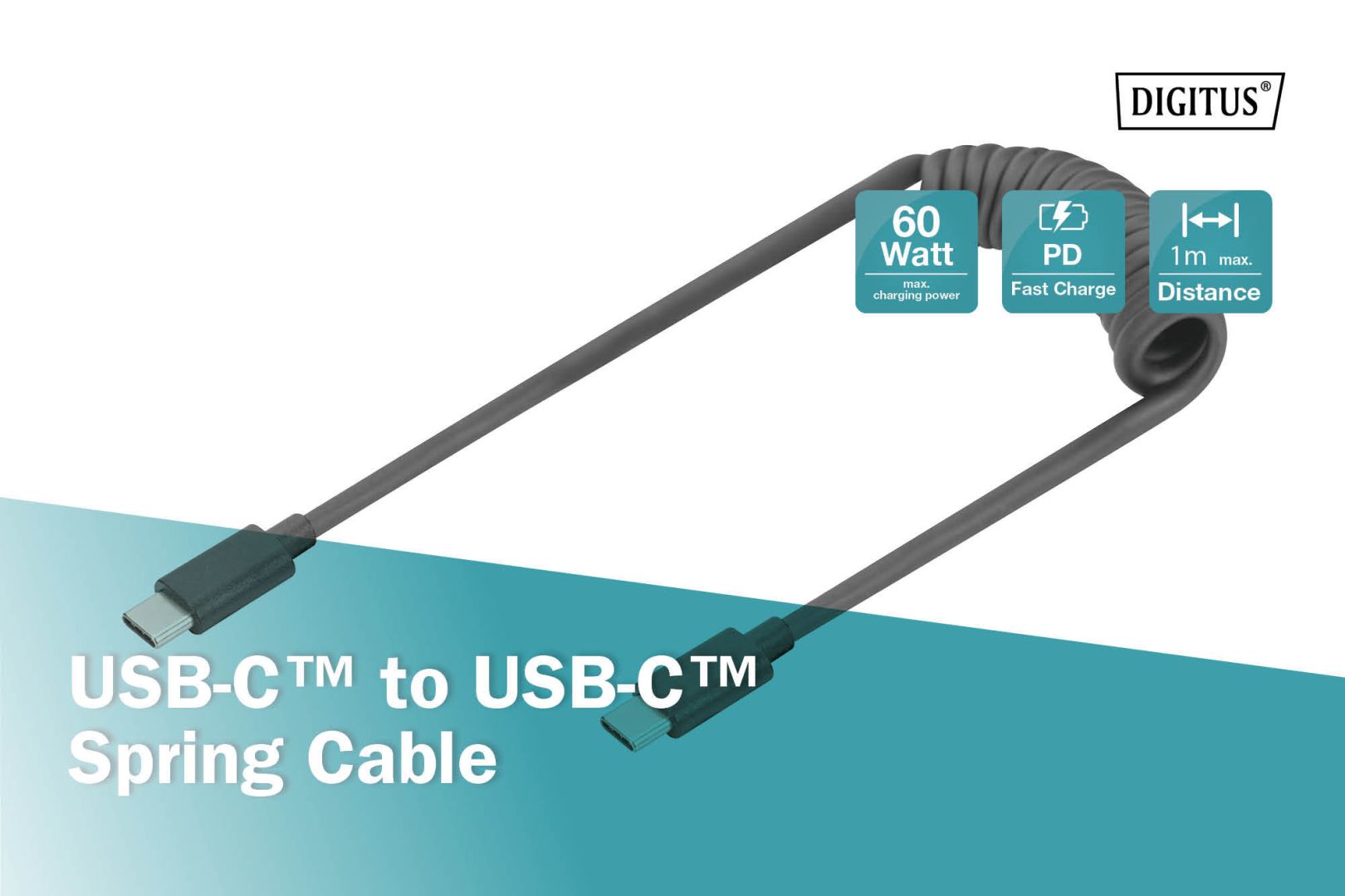 Digitus USB 2.0 - USB C to USB C Spiral Cable 1m Black