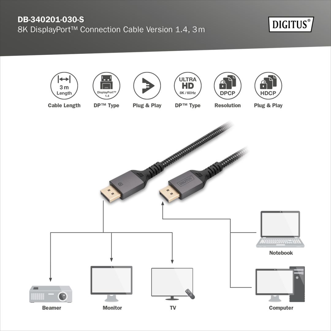 Digitus DisplayPort Connection Cable 8K 3m Black