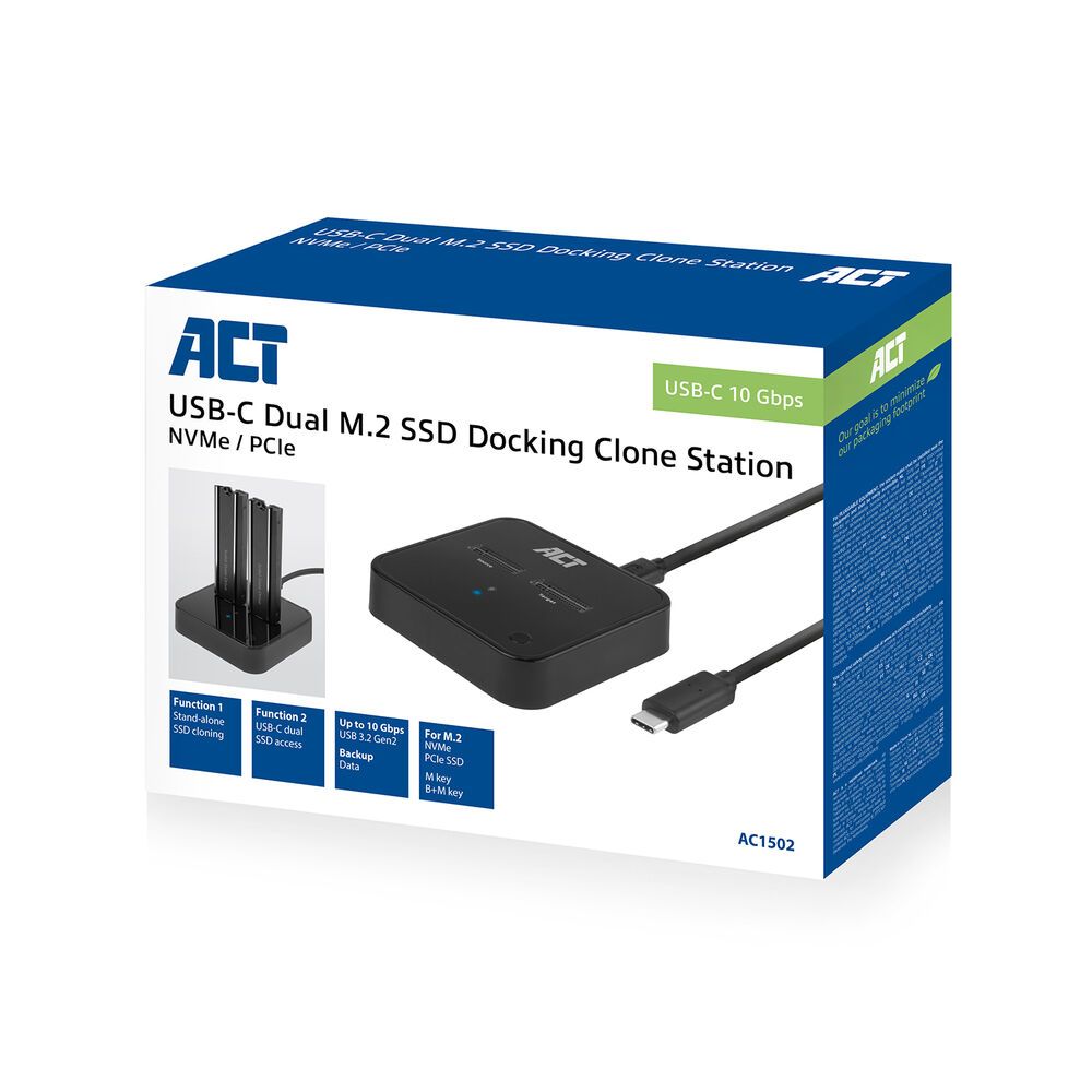 ACT AC1502 M.2 NVMe/PCIe dual SSD Docking Clone Station USB-C 3.2 Gen2 Black