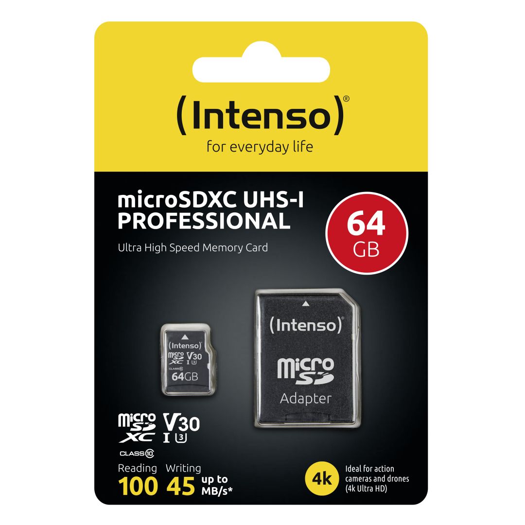 Intenso 64GB MicroSDXC Professional Class 10 U1 V30 + adapterrel