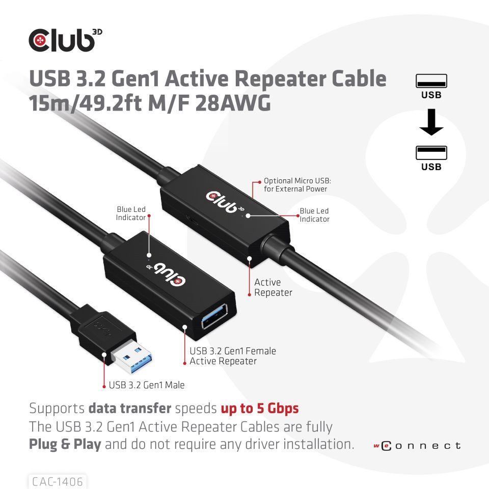 Club3D USB 3.2 Active Repeater cable 15m Black