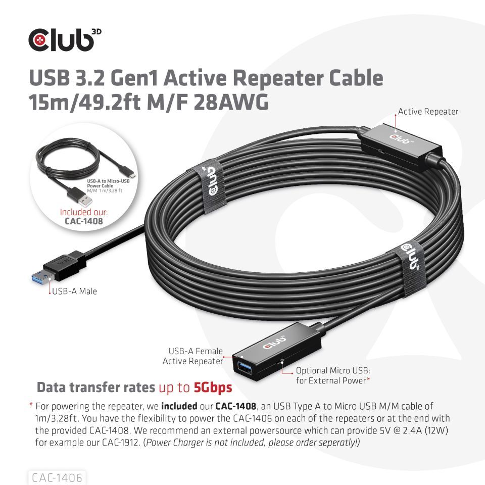 Club3D USB 3.2 Active Repeater cable 15m Black