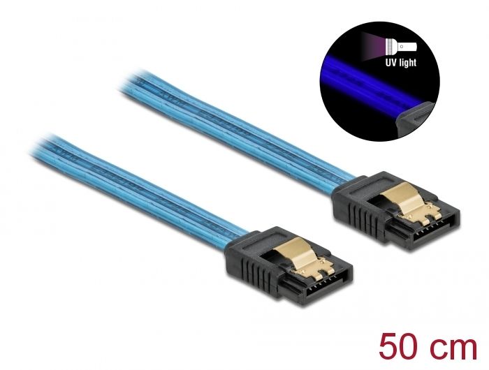 DeLock SATA 6 Gb/s Cable UV glow effect 0,5m Blue