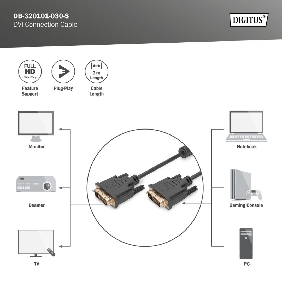 Digitus DVI connection cable 3m Black