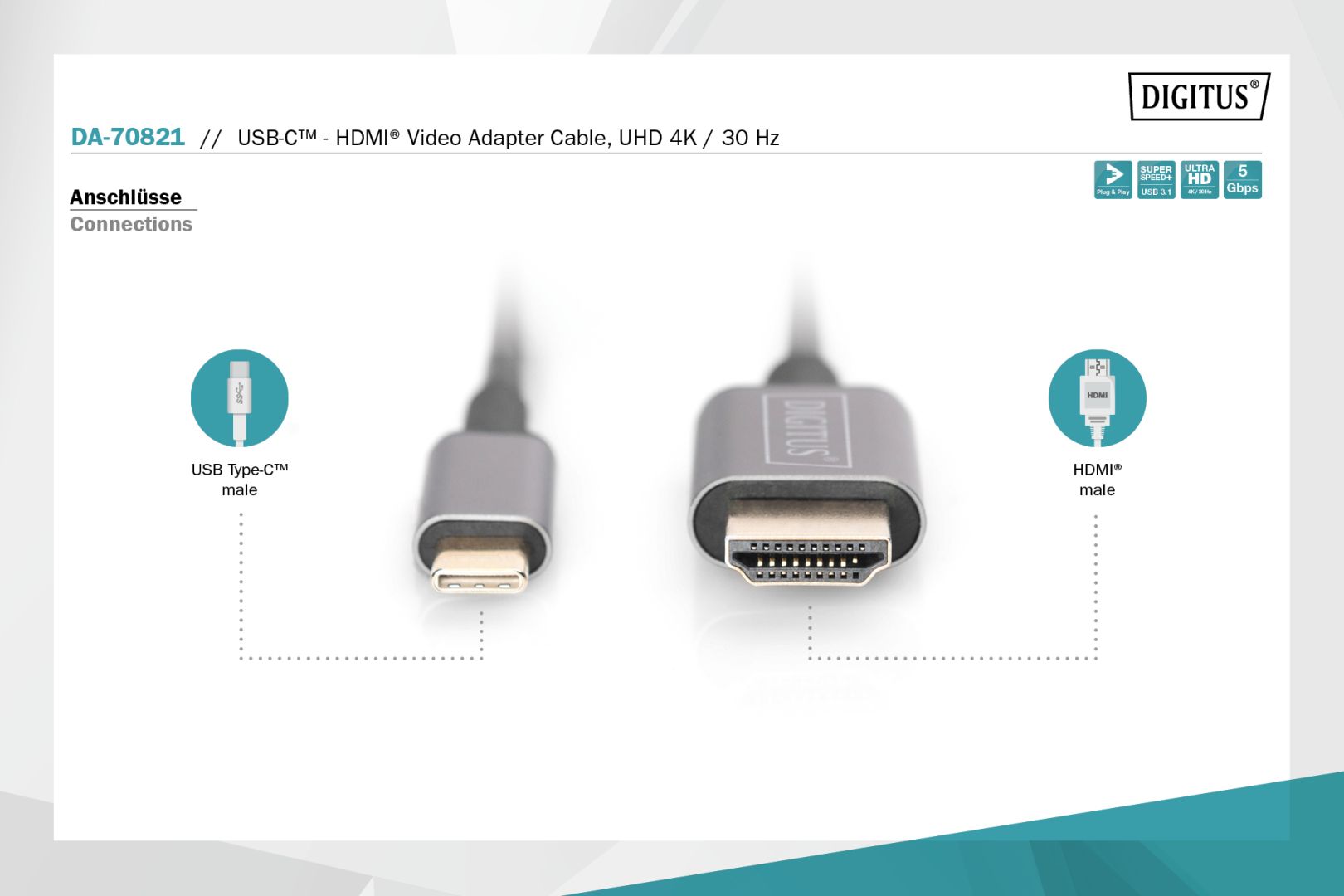 Digitus USB-C to HDMI male/male cable 1,8m Black