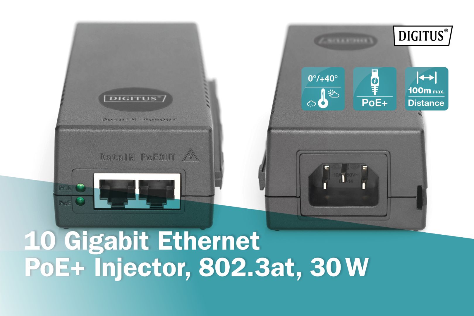 Digitus 10 Gigabit Ethernet PoE+ Injector Black