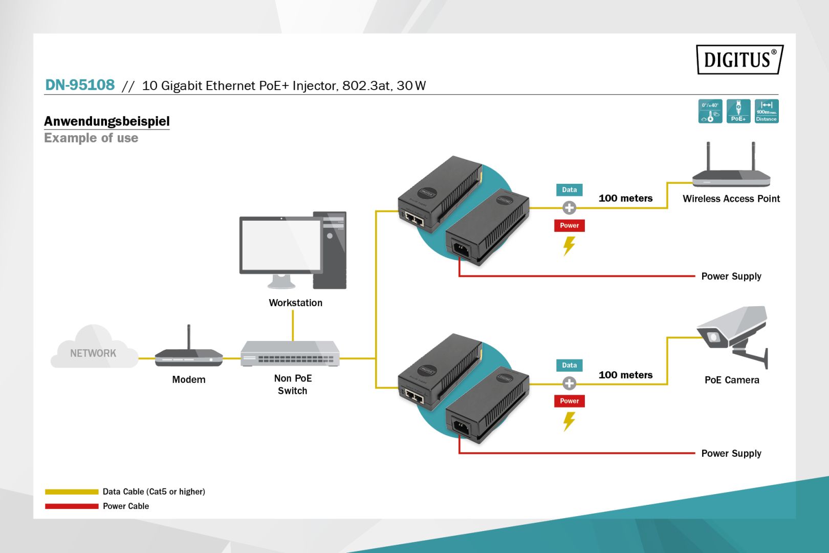 Digitus 10 Gigabit Ethernet PoE+ Injector Black