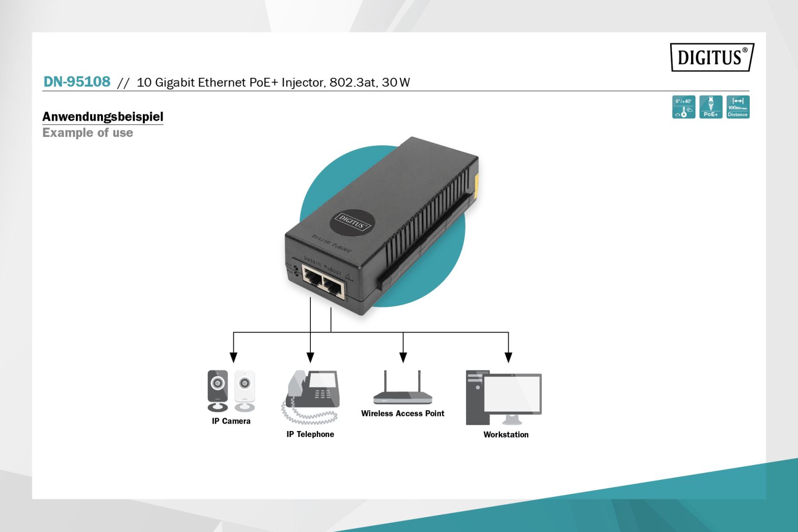 Digitus 10 Gigabit Ethernet PoE+ Injector Black