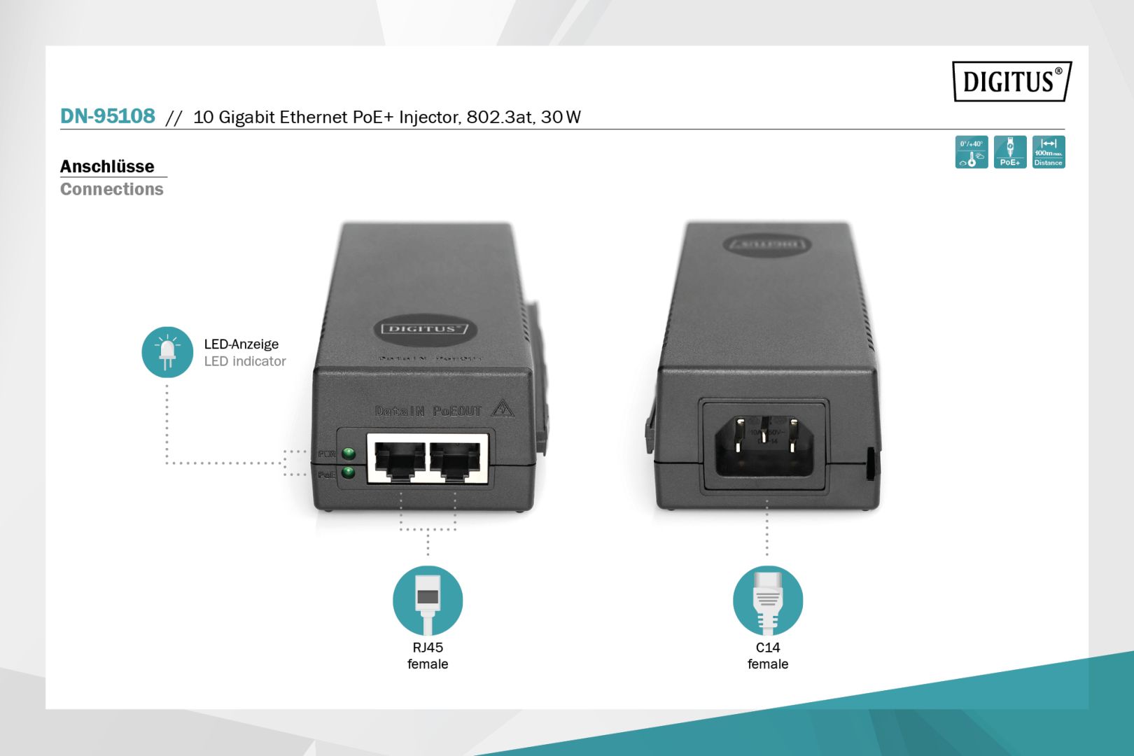 Digitus 10 Gigabit Ethernet PoE+ Injector Black