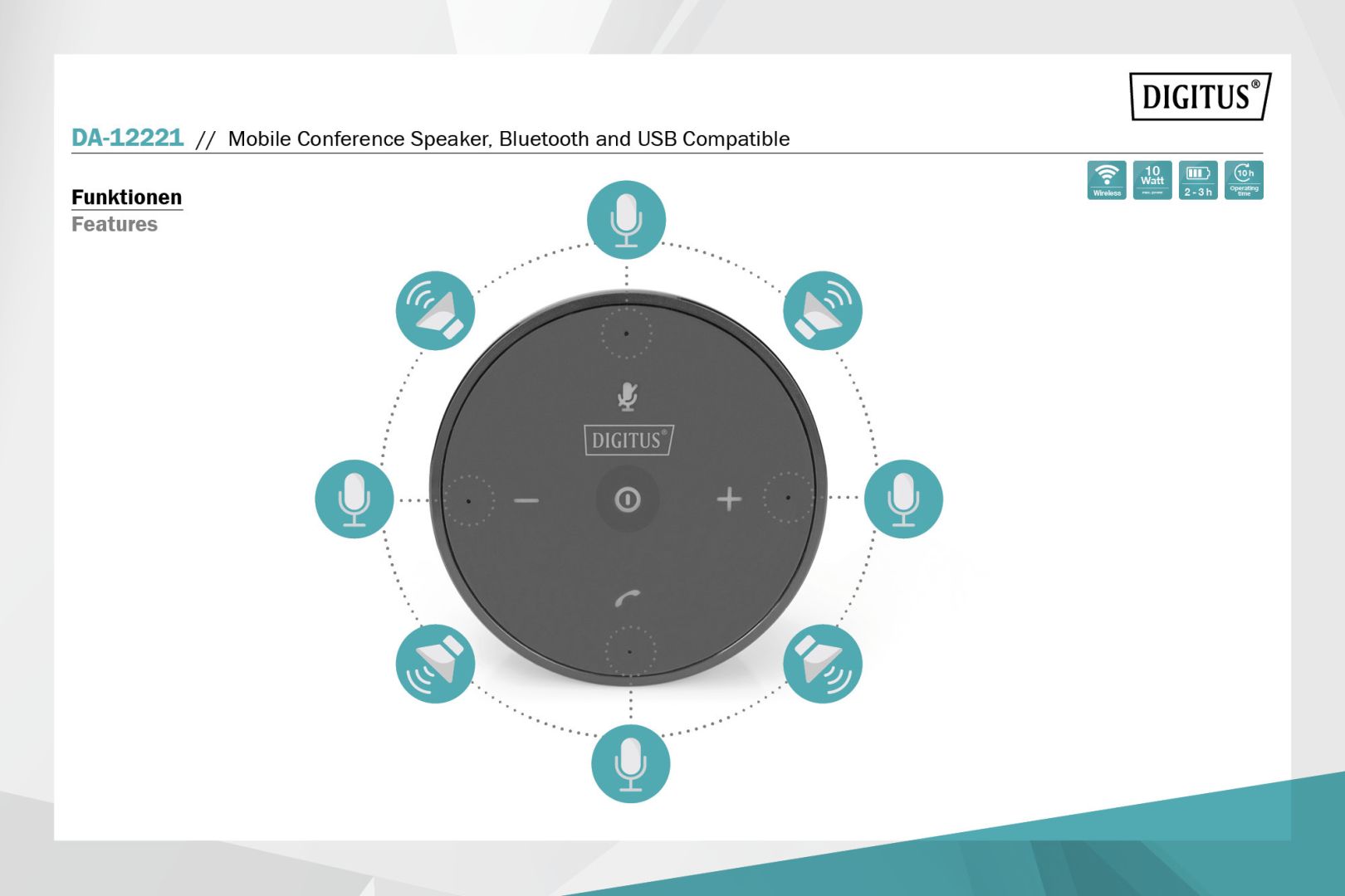 Digitus Mobile Conference Speaker Bluetooth and USB comptible Black