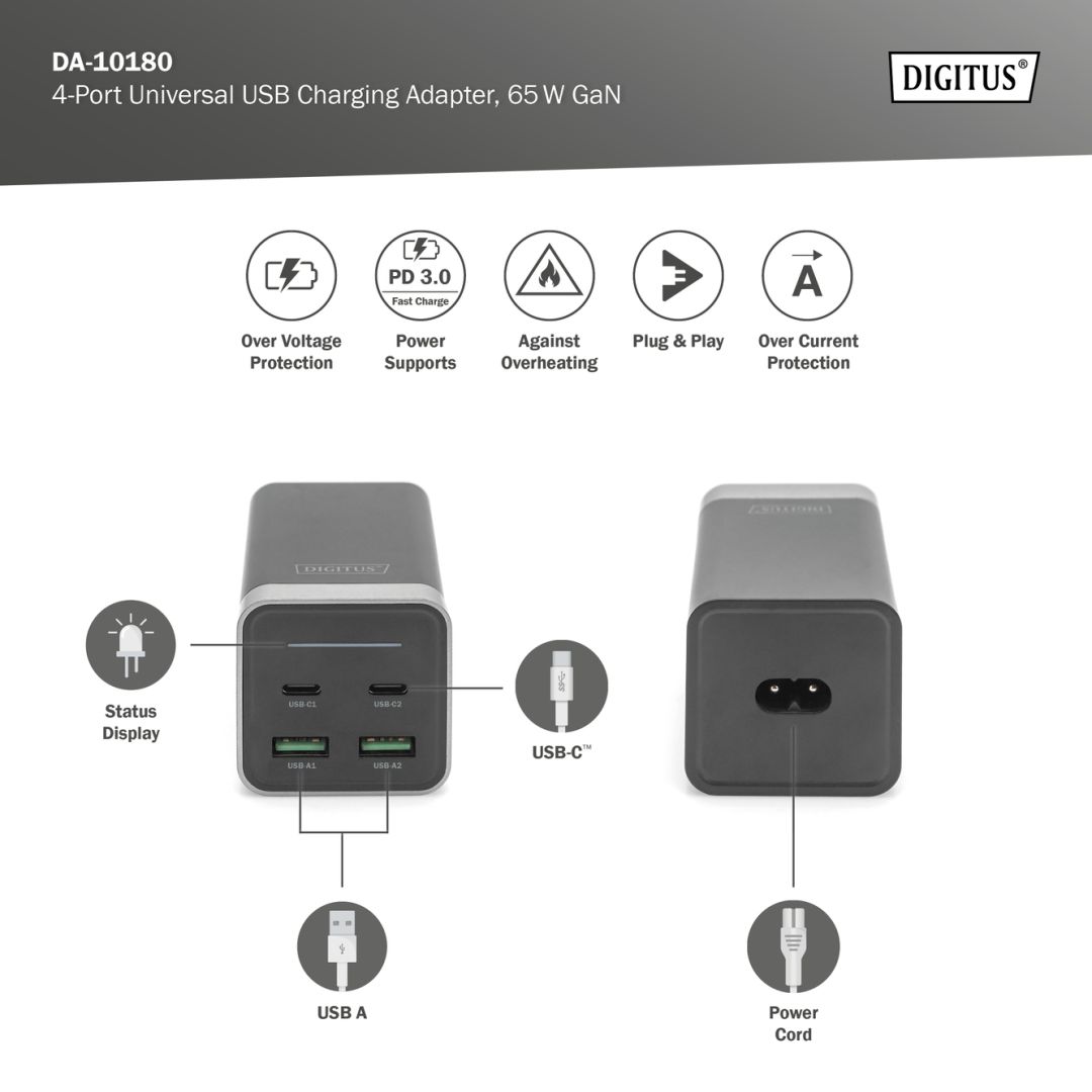 Digitus 4-Port USB-charging adapter 65W Grey