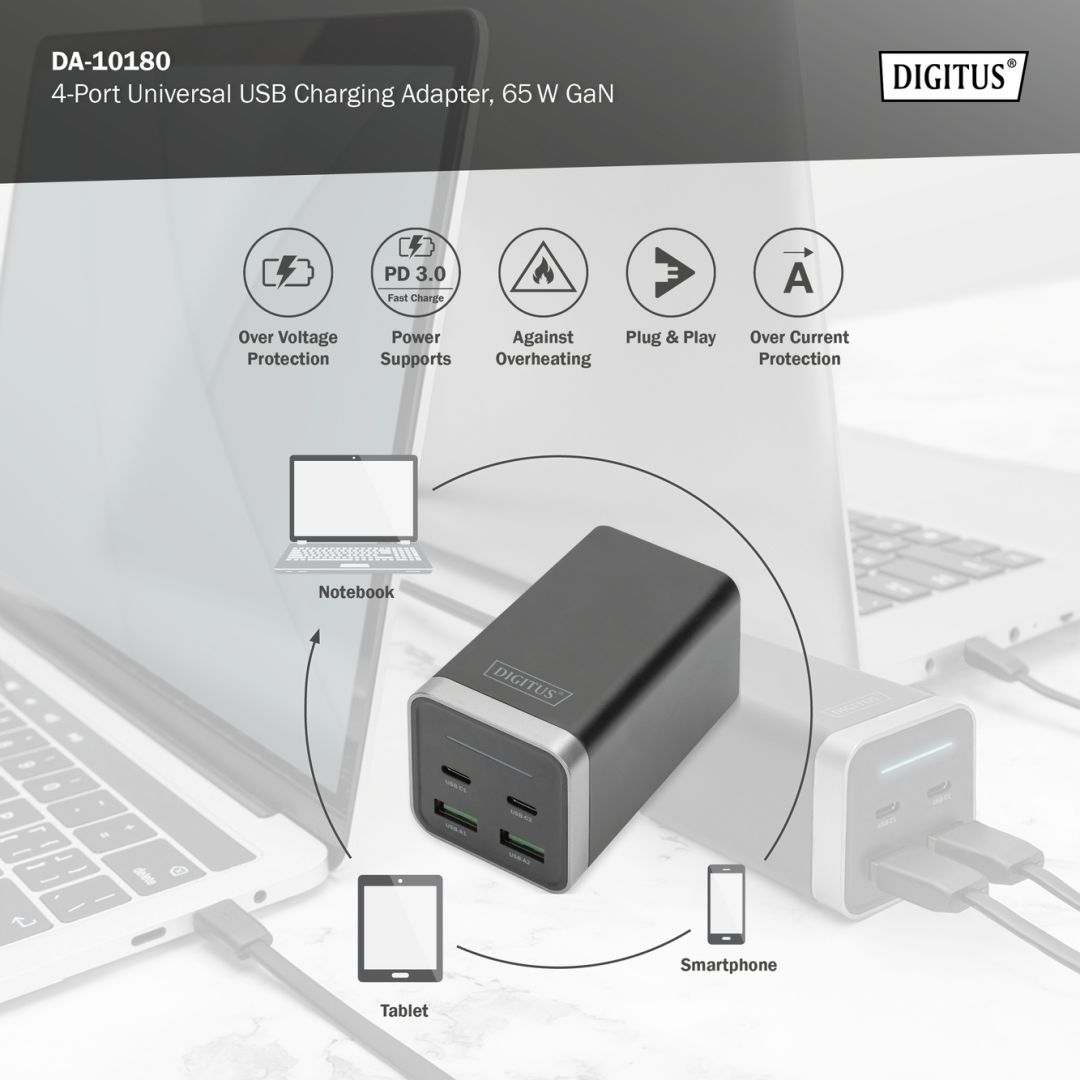 Digitus 4-Port USB-charging adapter 65W Grey