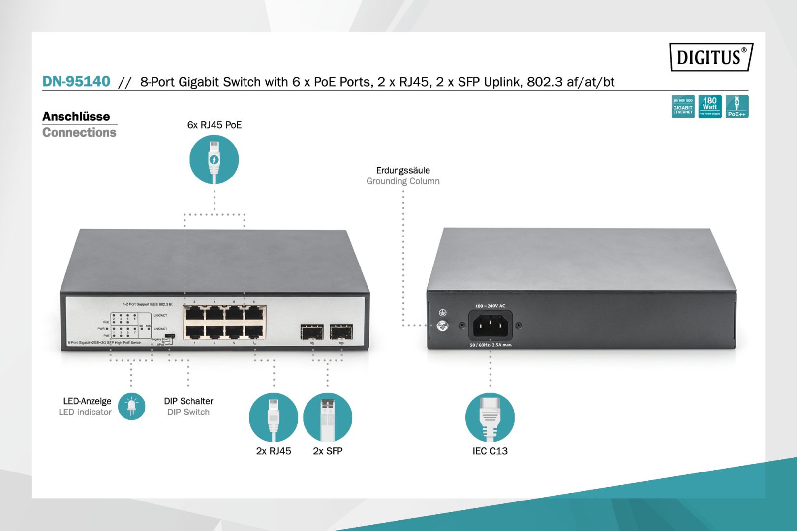 Digitus 8-Port Gigabit PoE Switch 19 Zoll Unmanaged 2 Uplinks Silver