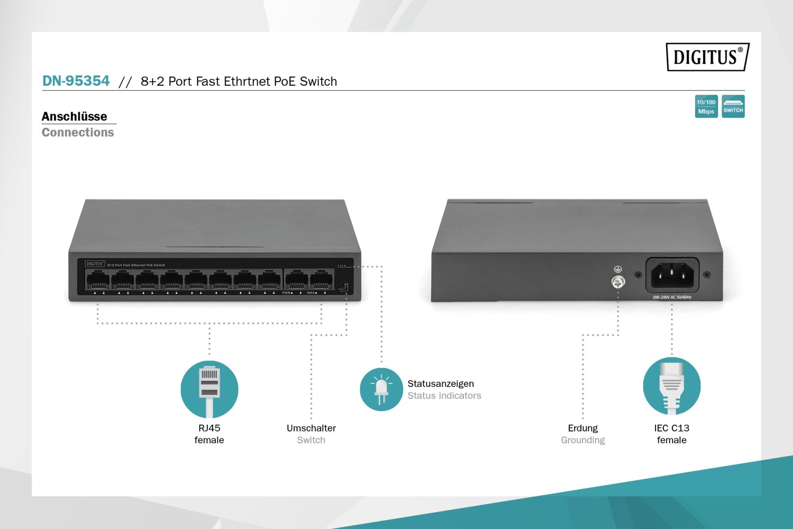 Digitus 8+2 Port FE PoE Switch Black