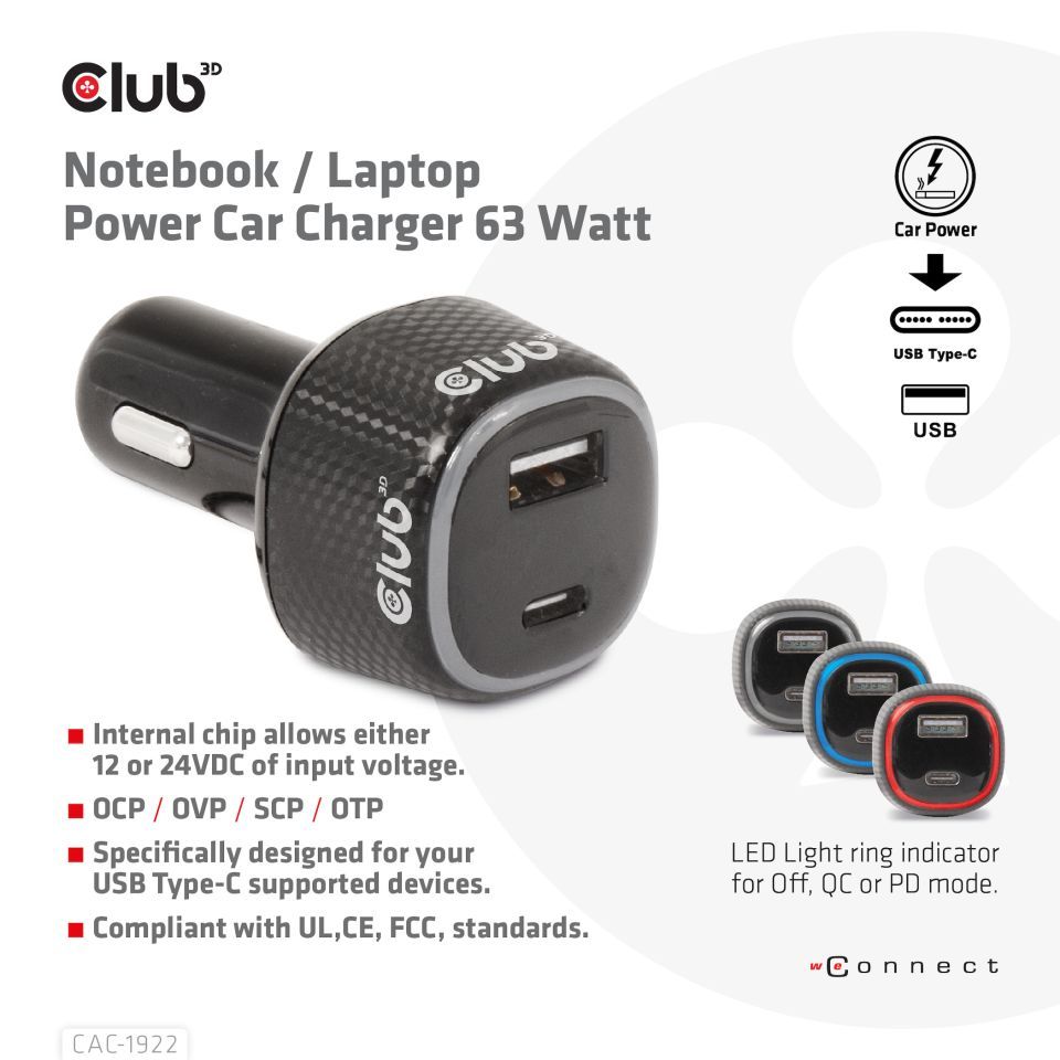 Club3D 63W Notebook/Laptop Power Car Charger Black