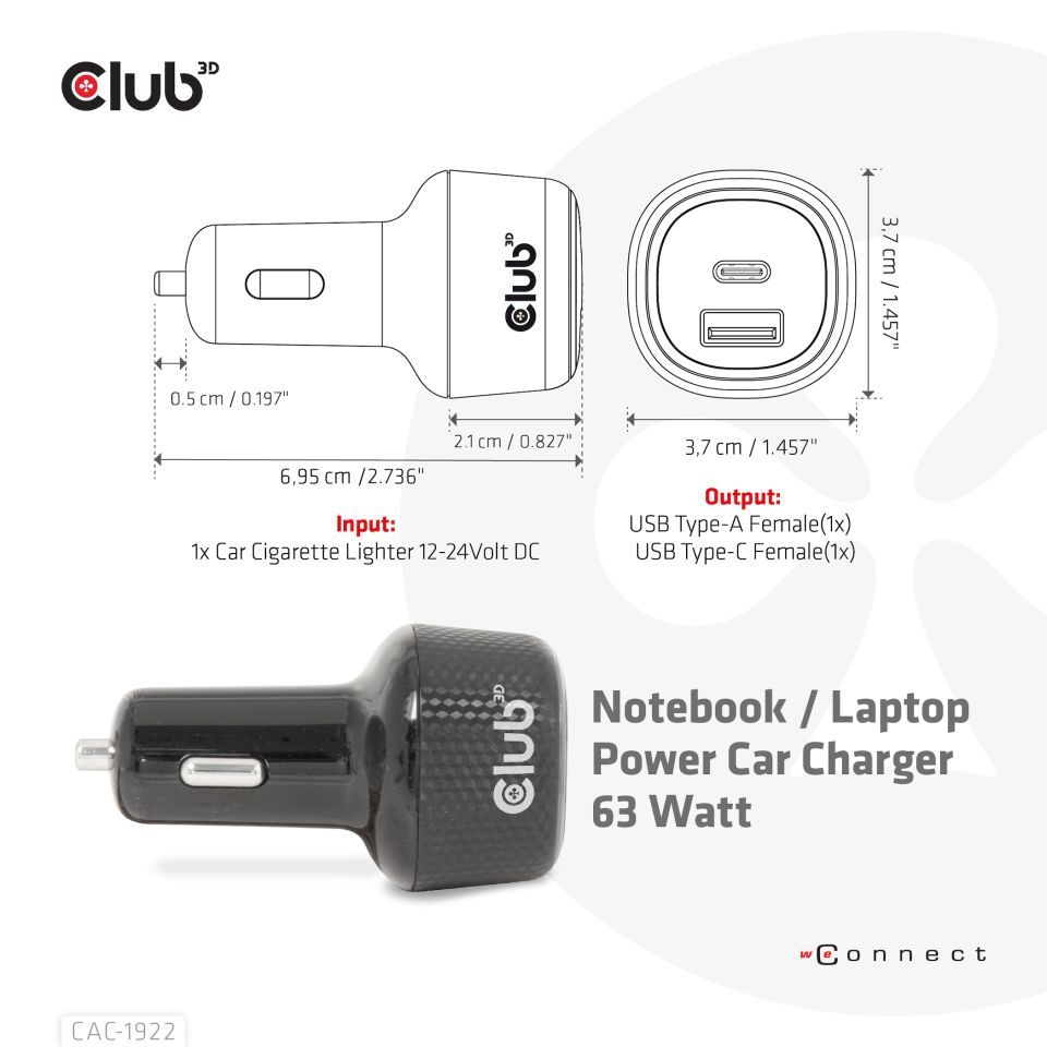 Club3D 63W Notebook/Laptop Power Car Charger Black