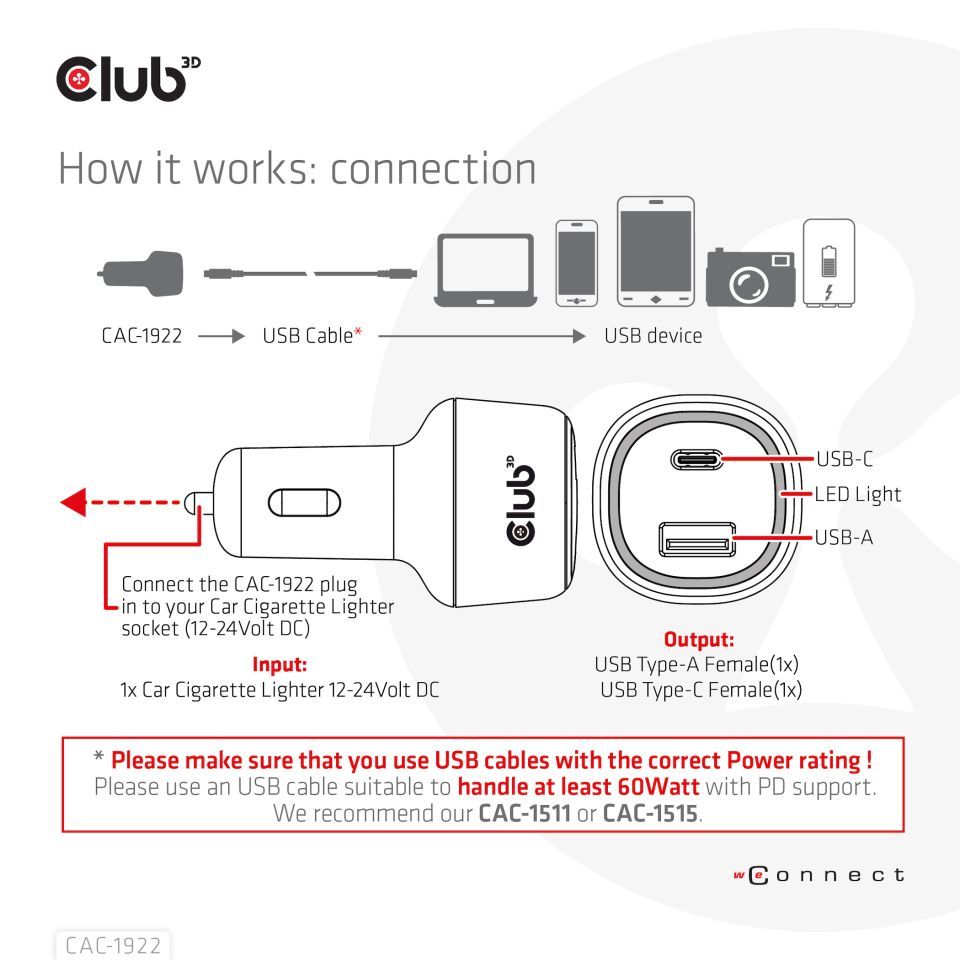 Club3D 63W Notebook/Laptop Power Car Charger Black