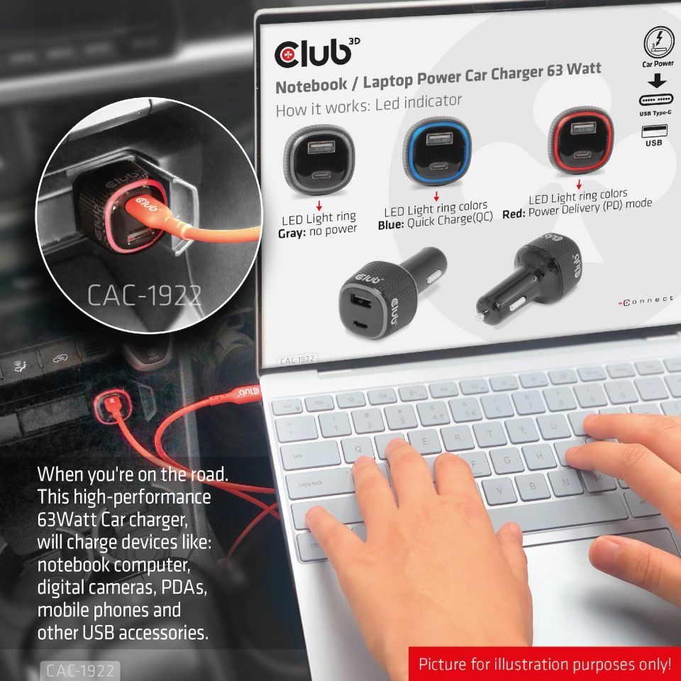 Club3D 63W Notebook/Laptop Power Car Charger Black