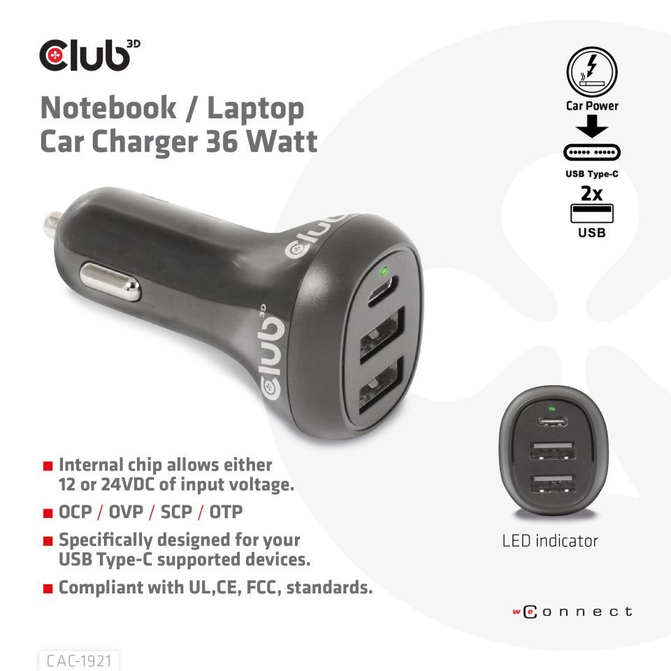 Club3D 36W Notebook/Laptop Power Car Charger Black