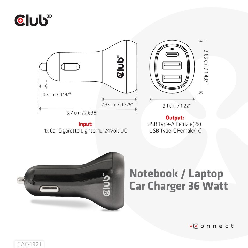 Club3D 36W Notebook/Laptop Power Car Charger Black