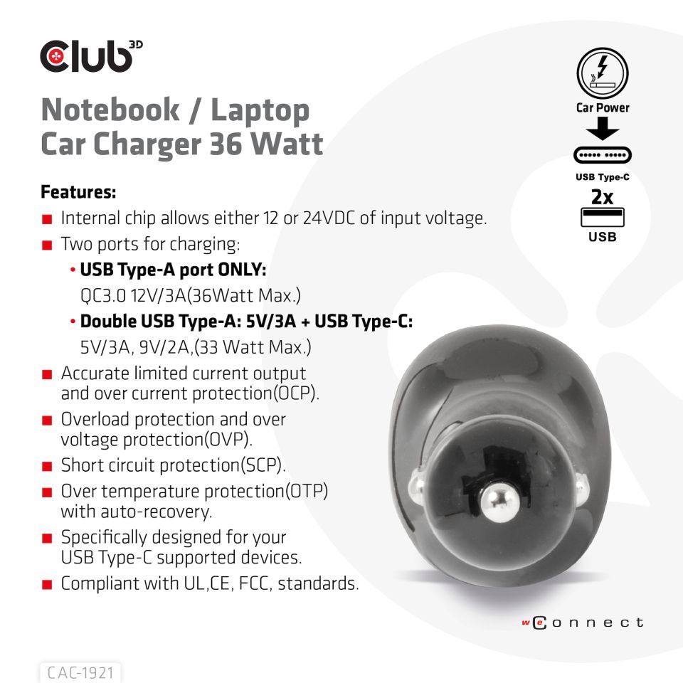 Club3D 36W Notebook/Laptop Power Car Charger Black