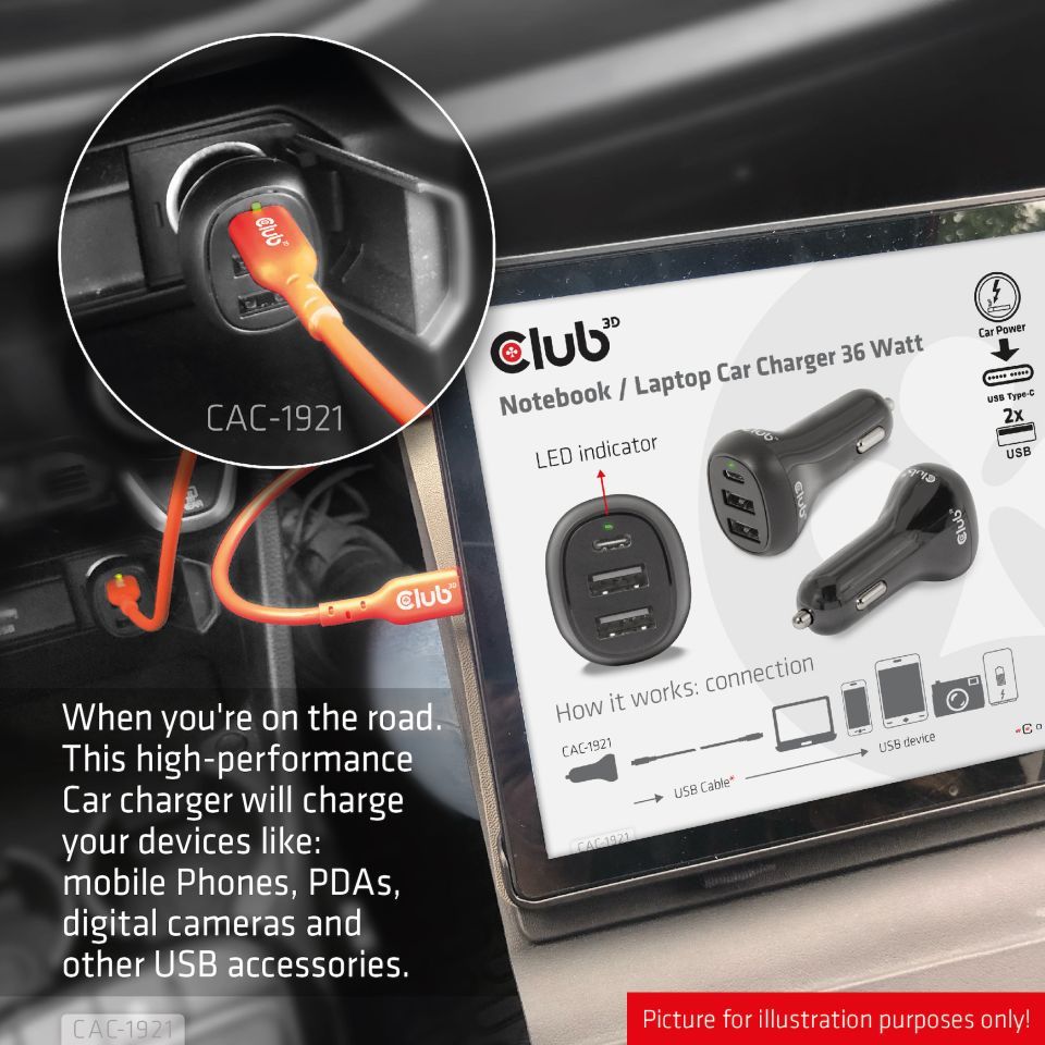 Club3D 36W Notebook/Laptop Power Car Charger Black