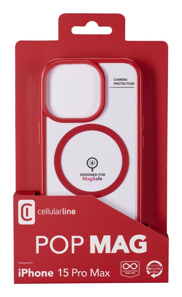 Cellularline Pop Mag Back Cover with Magsafe Support for Apple iPhone 15 Pro Max, Clear/Red